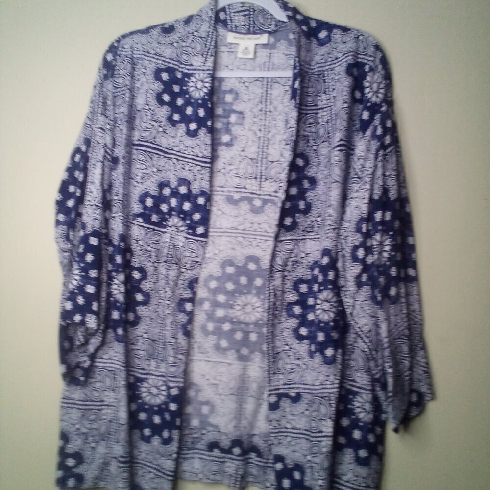 Skye's The Limit Open Front Blouse M Women 1/2 Sleeve Pattern Blue White